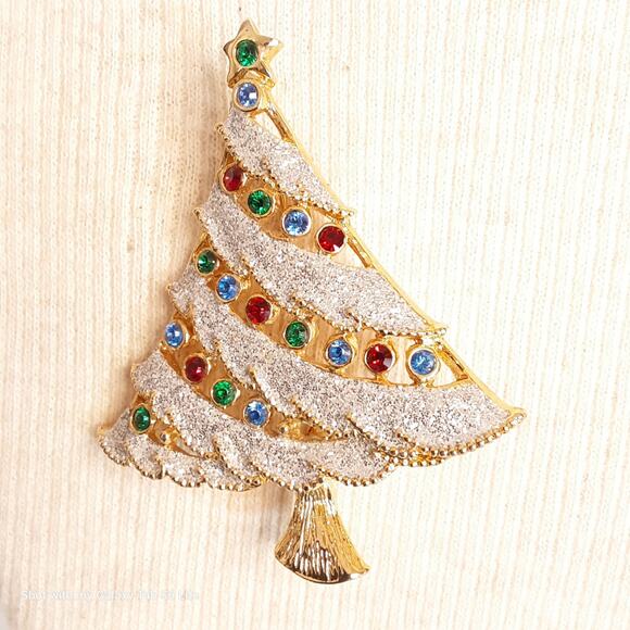 Christmas Tree Brooch Multicolor Rhinestones And Frosted Trim - Picture 1 of 7